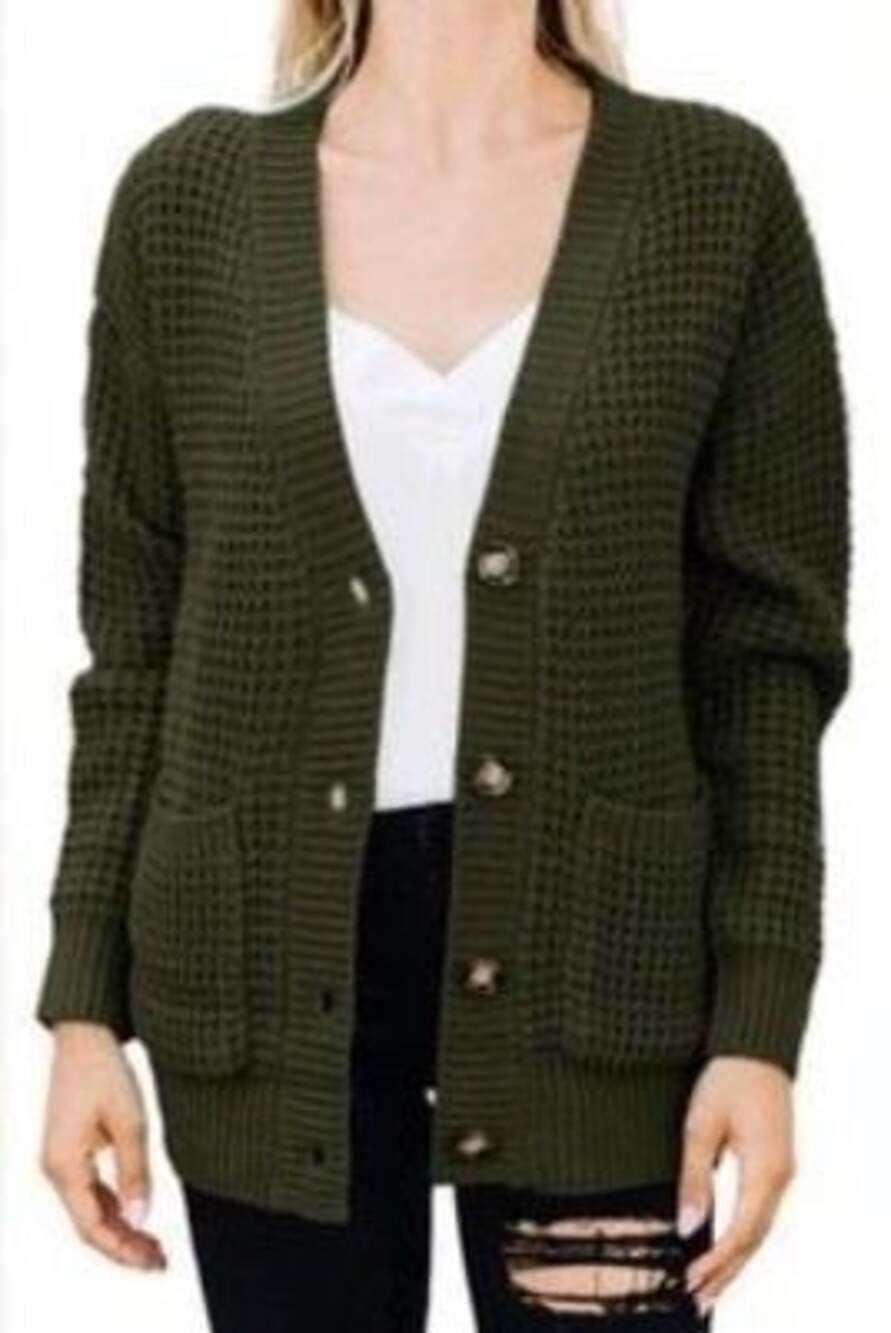 Waffle Knit Button-Down Cardigan, Deep Green, Size 2X - Picture 6 of 6